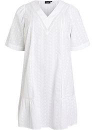 Knelang bomullskjole med broderi og V-hals, Hvit