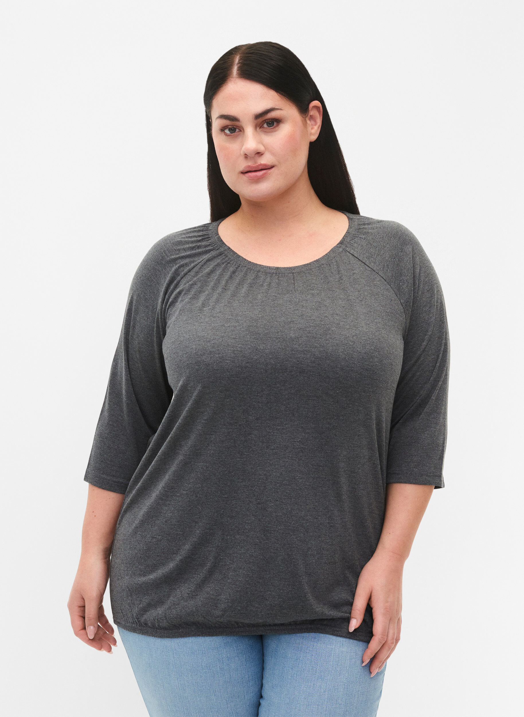 Zizzi Stripete bluse med 3/4 ermer, Dark Grey Melange, Model image number 0