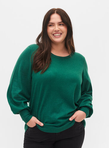 Strikkegenser med viskose og ballongermer, Evergreen Mel., Model image number 0