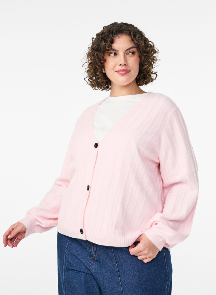 Cardigan med ribbet tekstur og ballongermer, Rosa, Model image number 0
