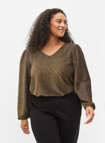 Bluse med glitter og lange ermer, Black Gold, Model image number 0