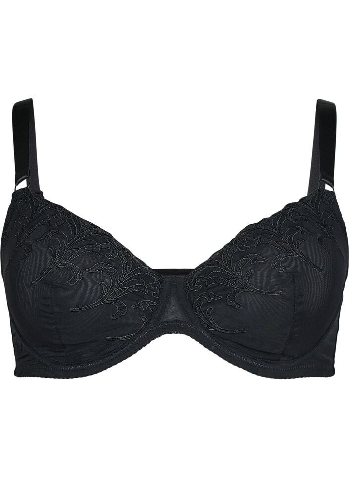 Full dekkende BH i mesh med brodert mønster, Black, Packshot