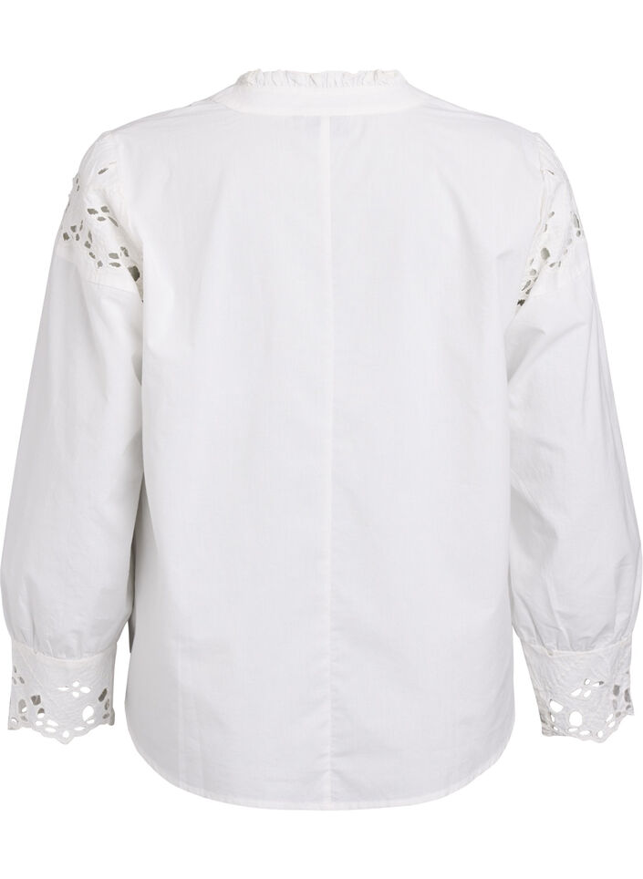 Bluse med V-hals og broderie anglaise-detaljer, Hvit, Packshot image number 1
