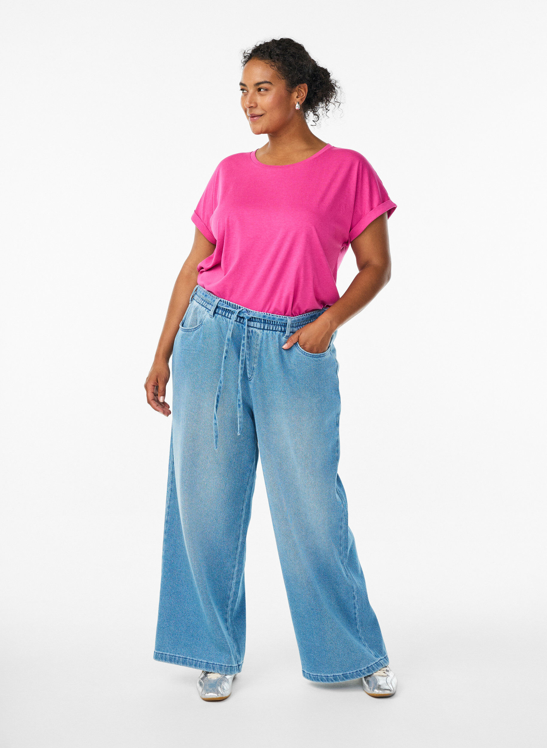 Zizzi Kortermet t-skjorte i en bomullsblanding, Rosa, Model image number 1