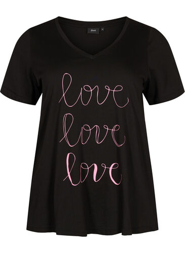 T-skjorte i bomull med V-hals og trykk, Black W. Love, Packshot image number 0