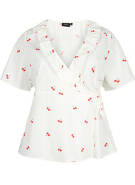 Omslagsbluse med kirsebærtrykk i bomull, B. White/Cherry