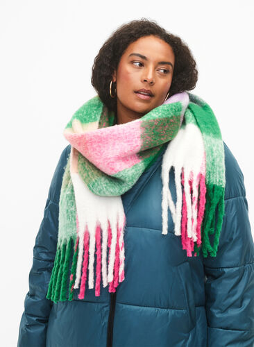 Rutete skjerf med frynser, Fuchsia Purple Comb, Model image number 0