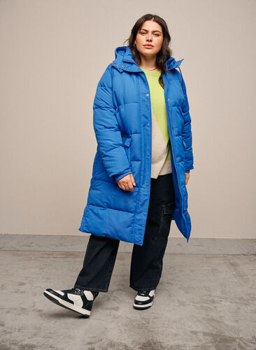 Lang Puffer jakke med lommer og hette, French Blue, Image image number 1