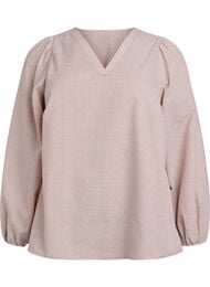 Bluse med v-hals og små ruter, Beige