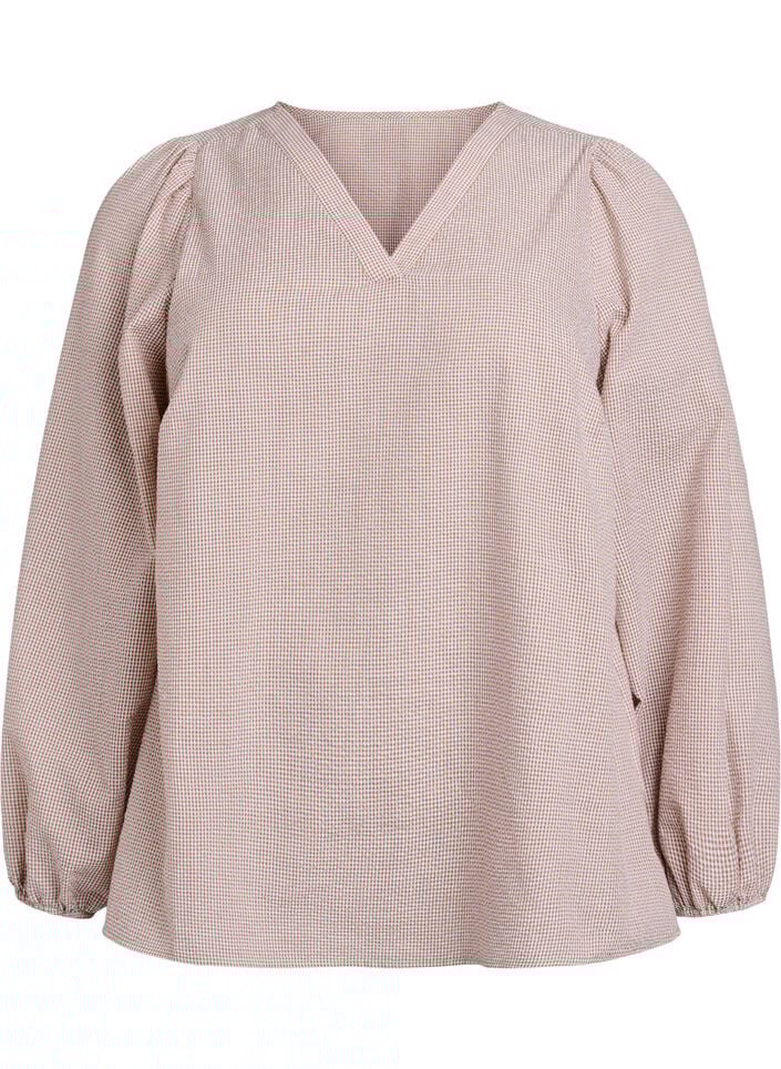 Bluse med v-hals og små ruter, Beige, Packshot image number 0