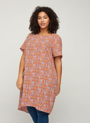 Mønstrete kjole med korte ermer, Orange Flower AOP, Model image number 0