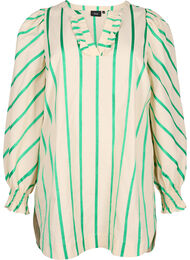 Stripete tunika i bomull med smock og volanger, Beige Green Stripe