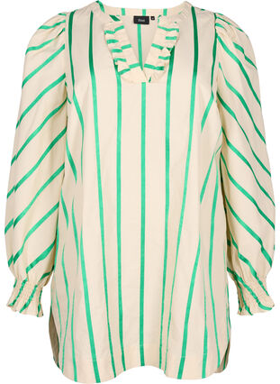 Stripete tunika i bomull med smock og volanger, Beige Green Stripe, Packshot image number 0