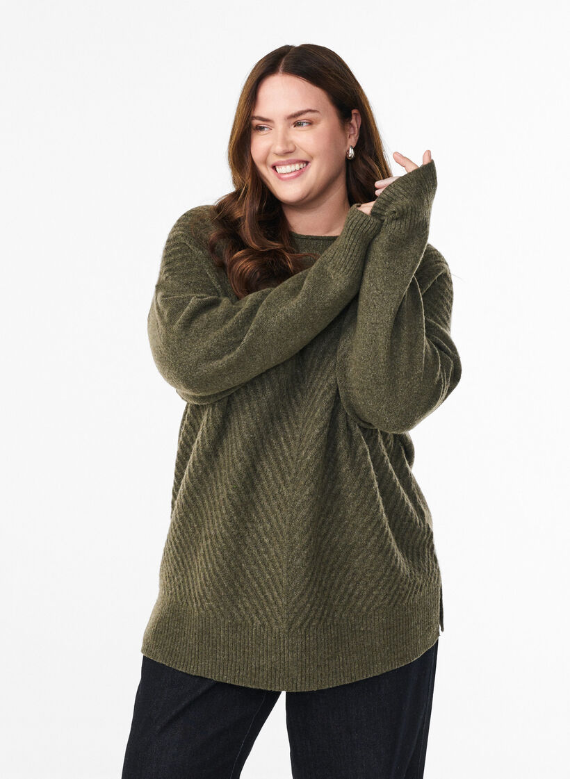 Strikkebluse med V-formet ribbemønster og splitter, Grønn, Model image number 0