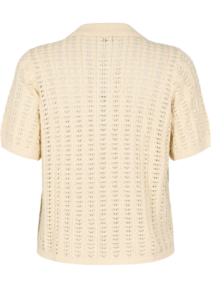 Strikket poloskjorte med hullmønster, Beige, Packshot image number 1