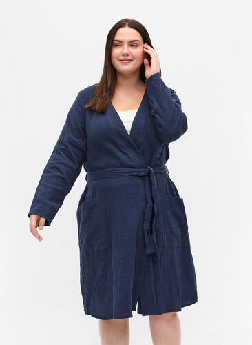 Morgenkåpe i bomull med knyting, Navy Blazer, Model image number 0