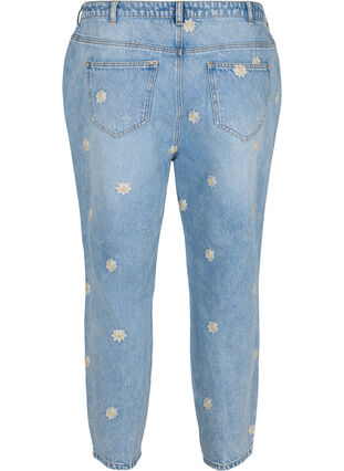 Mille mom fit jeans med blomstrete broderi, Light Blue w. Flower, Packshot image number 1
