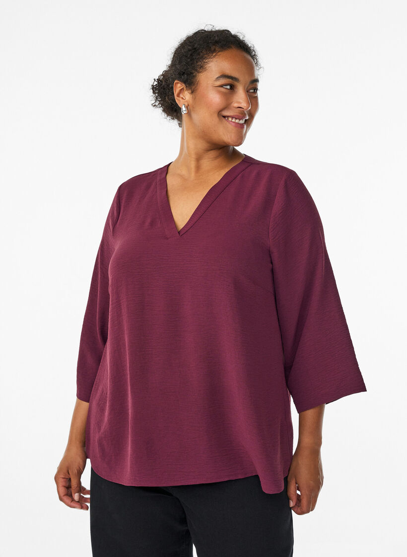 Bluse med 3/4 ermer, M&oslash;rk Bordeaux, Model image number 0