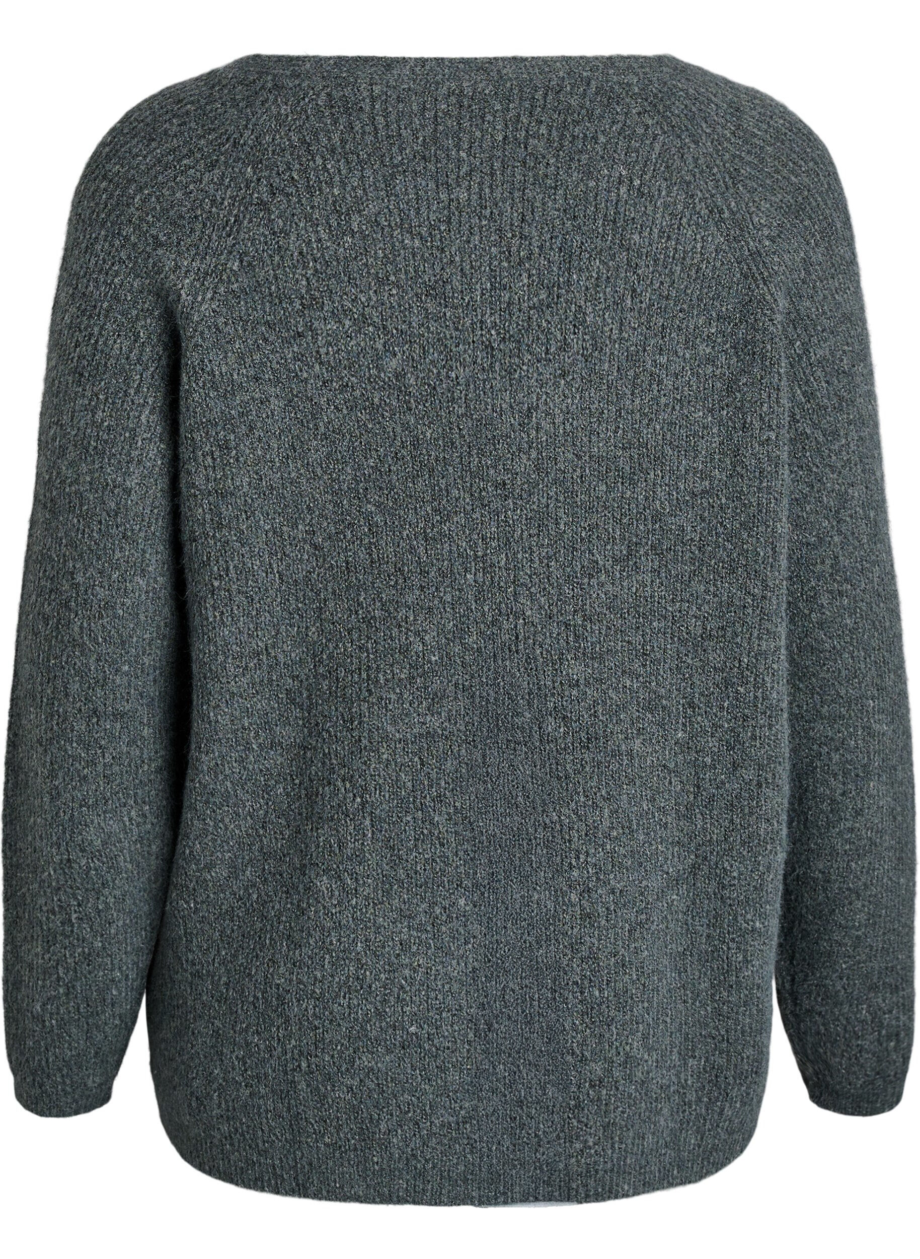 Zizzi Strikkebluse med V-hals og raglanermer, Gr&oslash;nn, Packshot image number 1