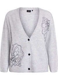 Cardigan med V-hals og broderte blomster, Grå Cardigan med V-hals og broderte blomster