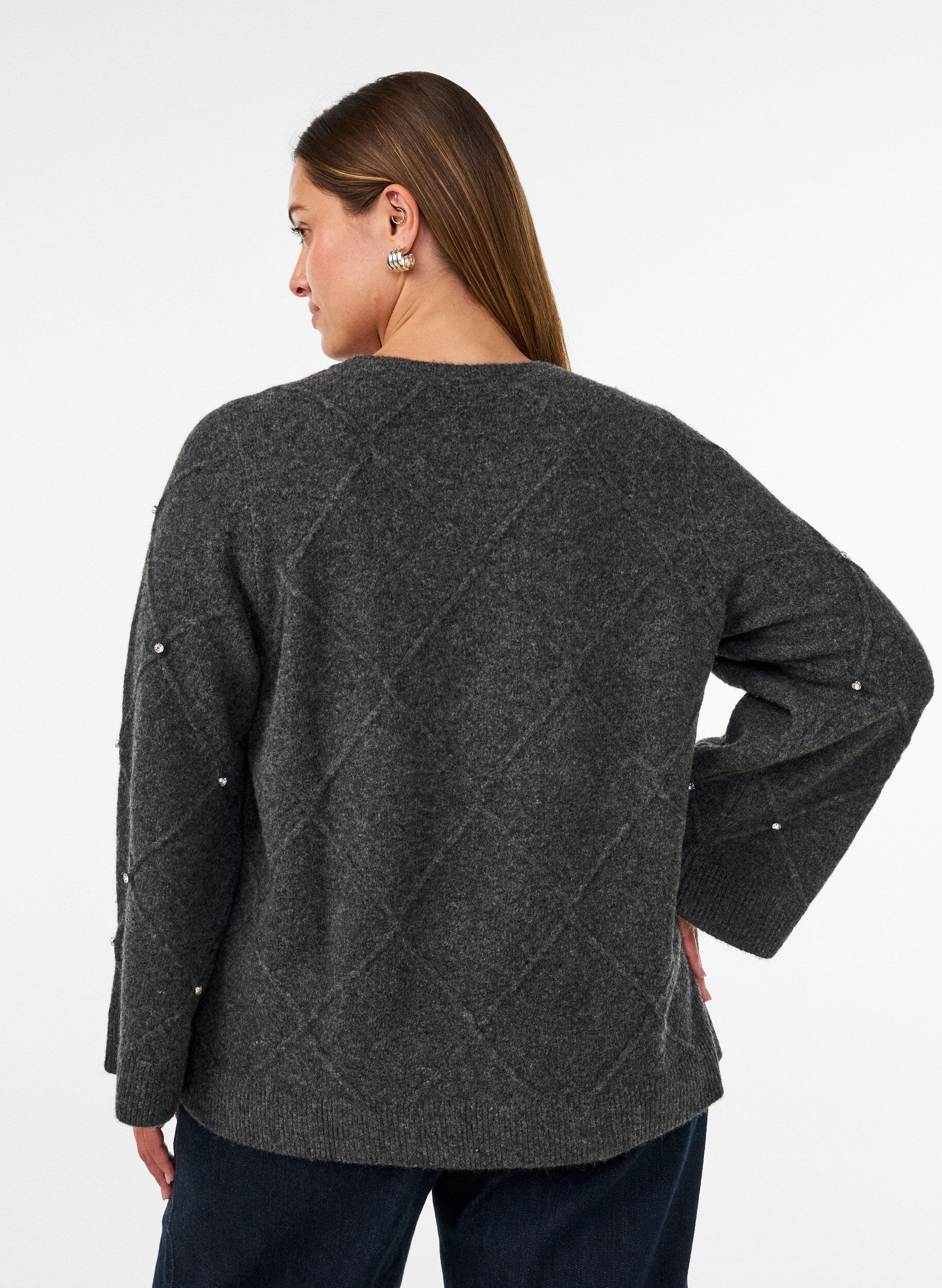 ZizziStrikkebluse med rhinesteiner og diamantm&oslash;nster, Gr&aring;, Model image number 2