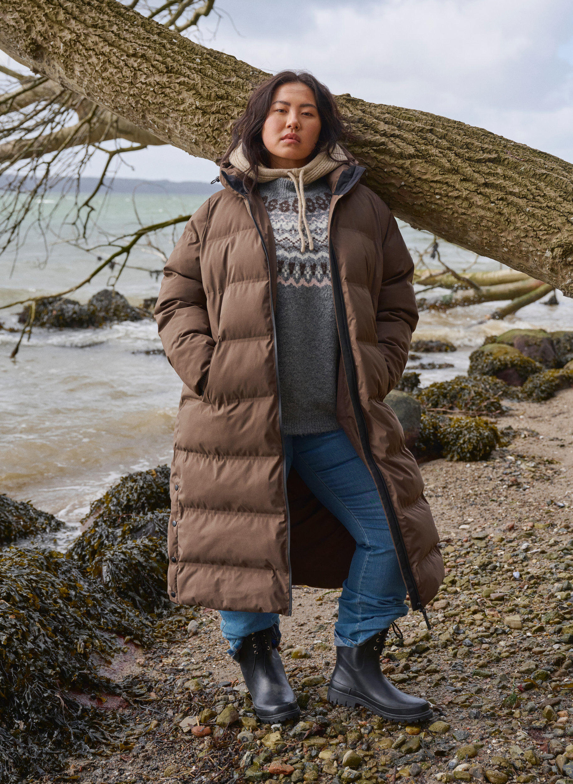 Zizzi Lang vinterk&aring;pe med hette, Brun, Image image number 0