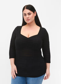 Stramtsittende bluse med rynke-detaljer, Black, Model