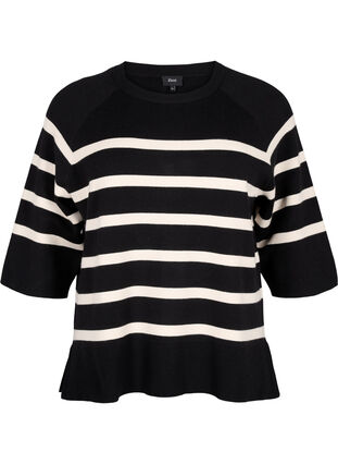 Zizzi Strikket bluse med striper og 3/4 ermer, Black Birch Stripes, Packshot image number 0