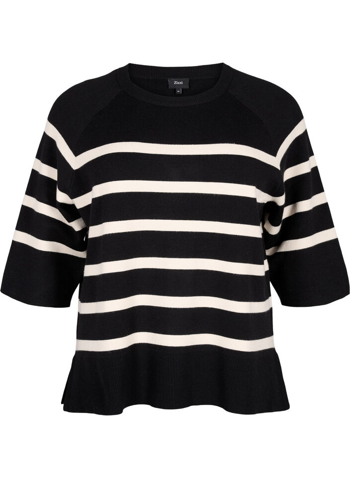 Strikket bluse med striper og 3/4 ermer, Black Birch Stripes, Packshot image number 0