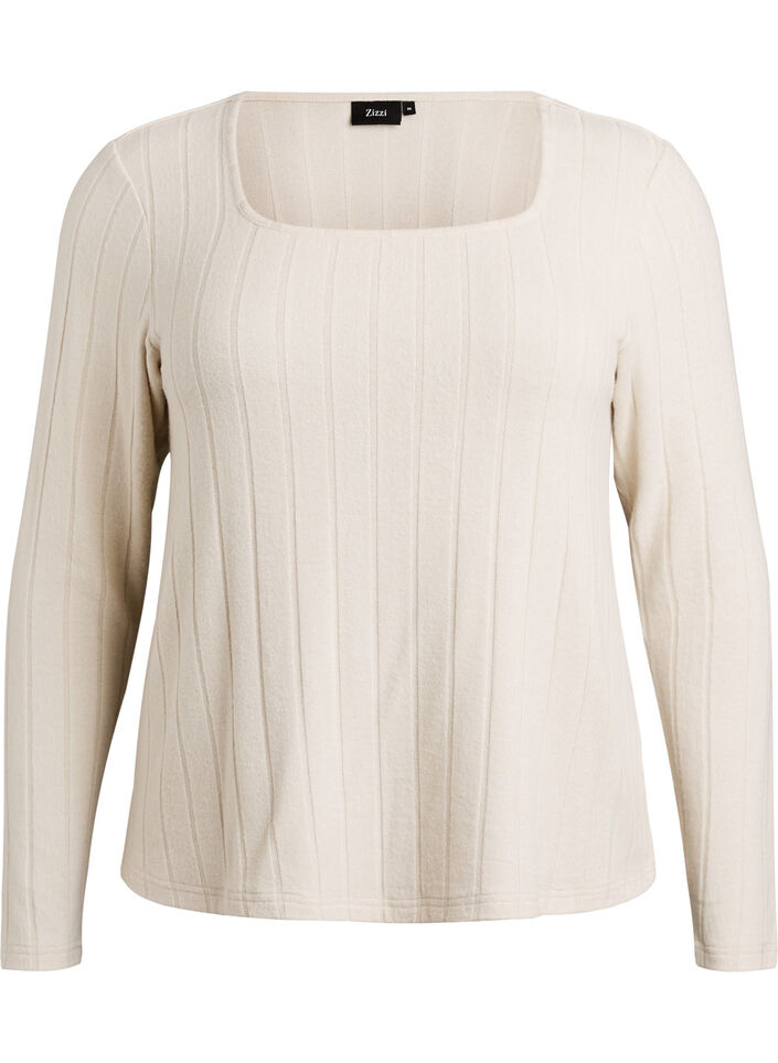 Jerseybluse med firkantet hals og ribbet tekstur, Beige, Packshot image number 0