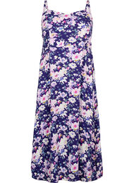 Blomstrete kjole med stropper i viskose med smock, Blue Flower