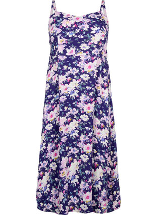 Blomstrete kjole med stropper i viskose med smock, Blue Flower, Packshot image number 0
