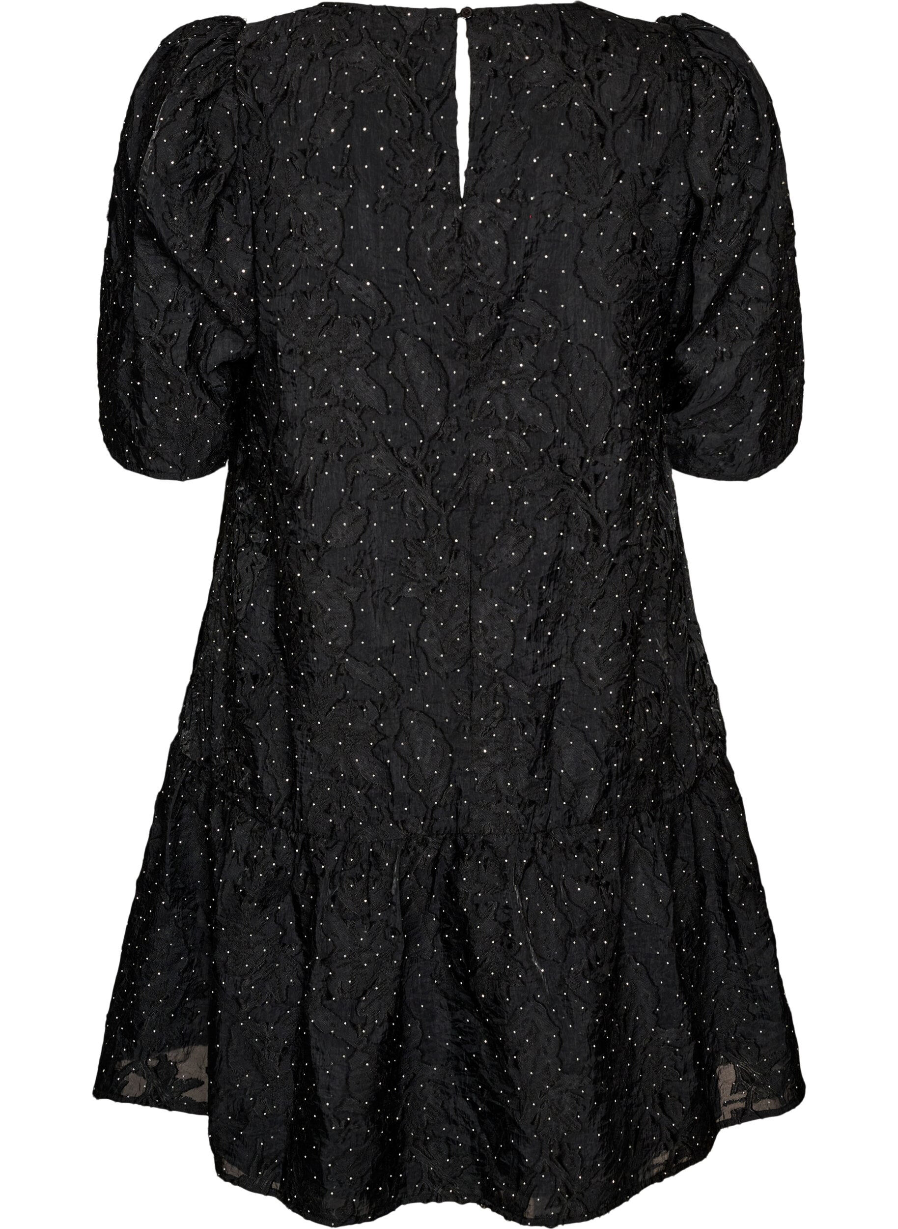 ZizziJacquard kjole med glitrende detaljer og puff ermer, Svart, Packshot image number 1