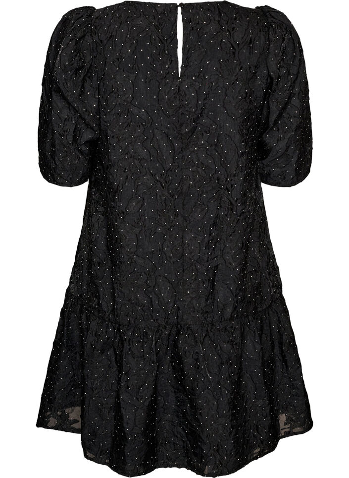 Jacquard kjole med glitrende detaljer og puff ermer, Svart, Packshot image number 1