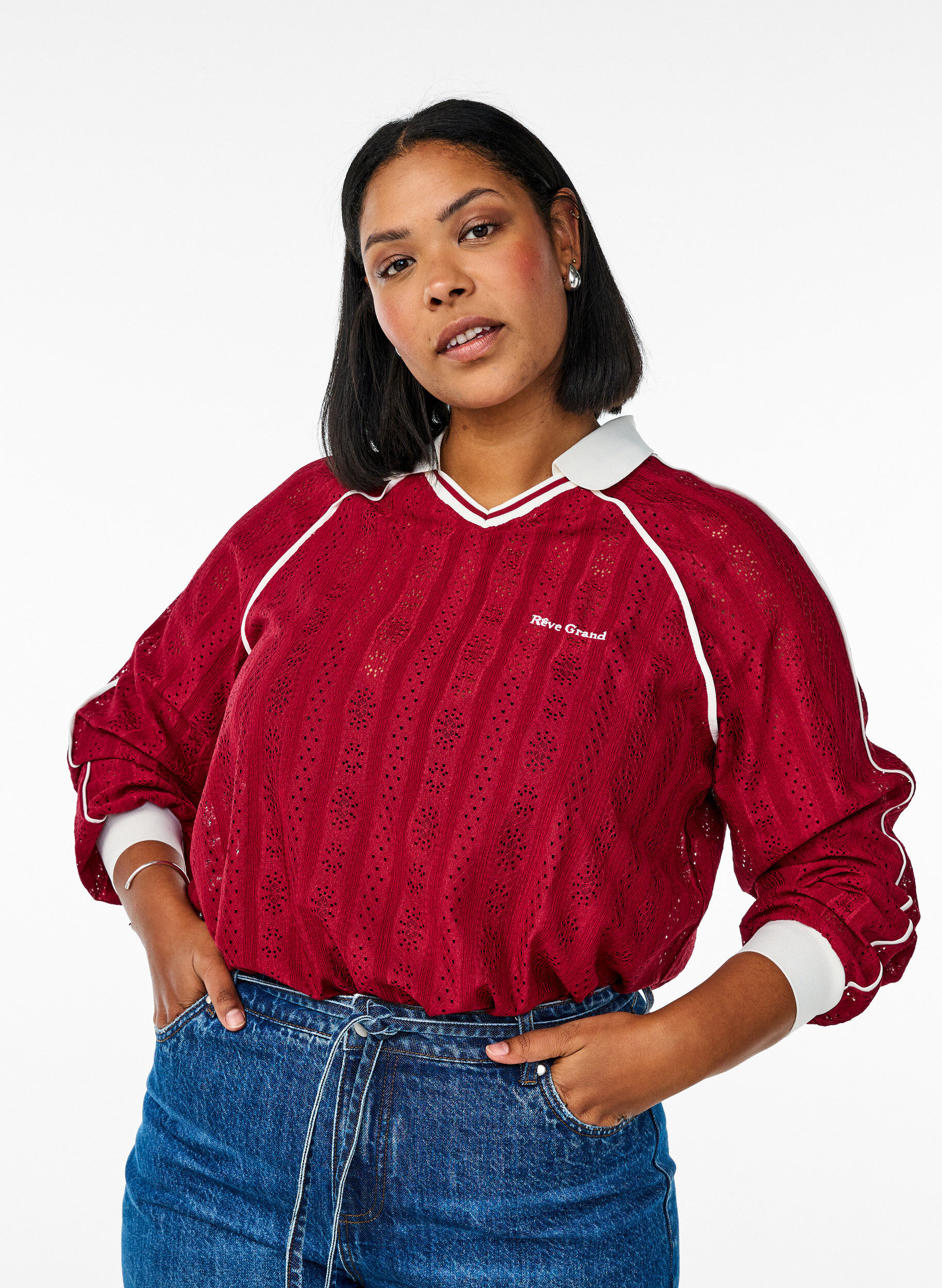 Strukturert jersey-bluse med kontrastdetaljer, R&oslash;d, Model