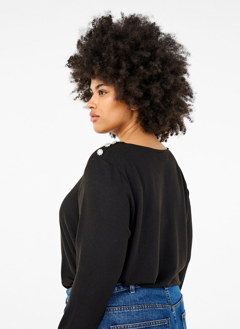 Bluse med dekorative knapper, Svart, Model image number 2