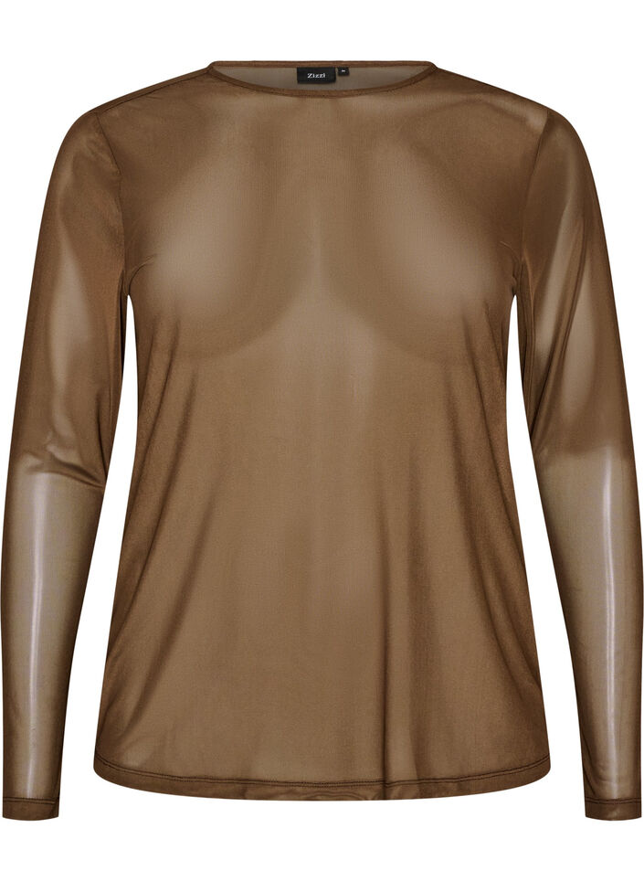 Bluse i mesh med lange ermer, Brun, Packshot image number 0
