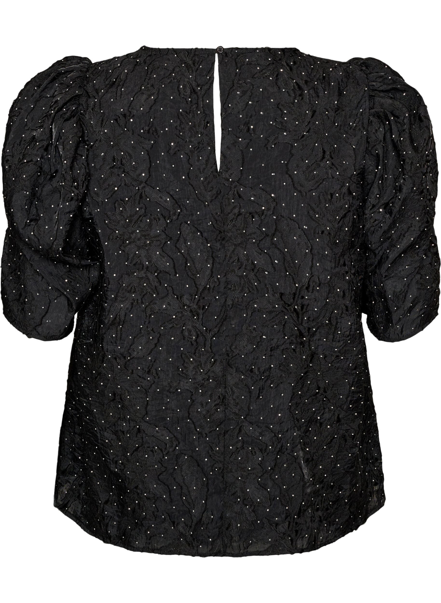 ZizziJacquard bluse med glitrende detaljer og puffede ermer, Svart, Packshot image number 1