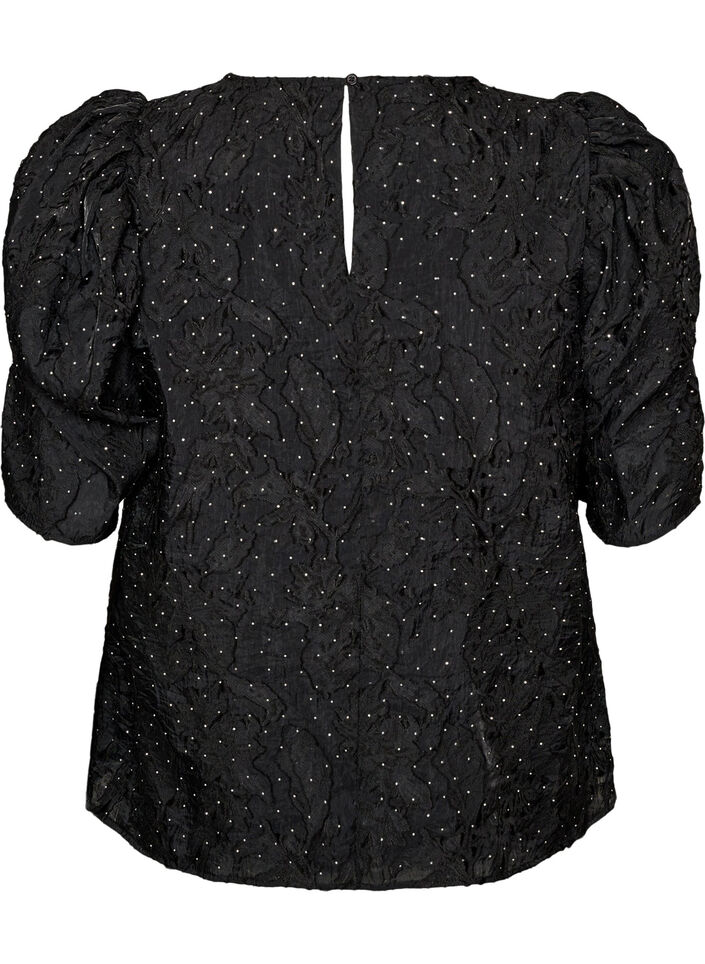 Jacquard bluse med glitrende detaljer og puffede ermer, Svart, Packshot image number 1