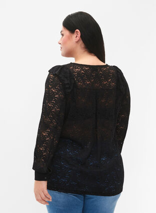 Langarmet bluse med blonder, Black, Model image number 1