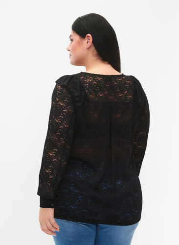 Langarmet bluse med blonder, Black, Model image number 1