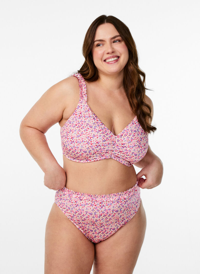 Blomstret tai bikini truse med rynket kant, Rosa, Model image number 0