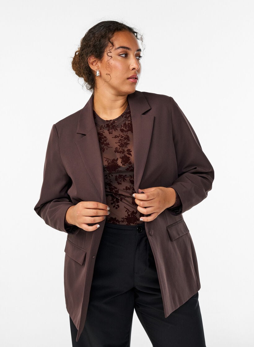 Klassisk blazer med knappelukking, Brun, Model image number 3