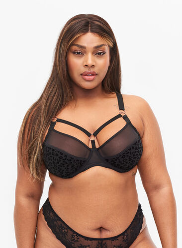 Mønstret BH med mesh og snøring, Black, Model image number 0