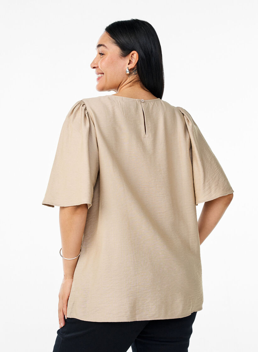 Bluse med korte, vide ermer, Beige, Model image number 2