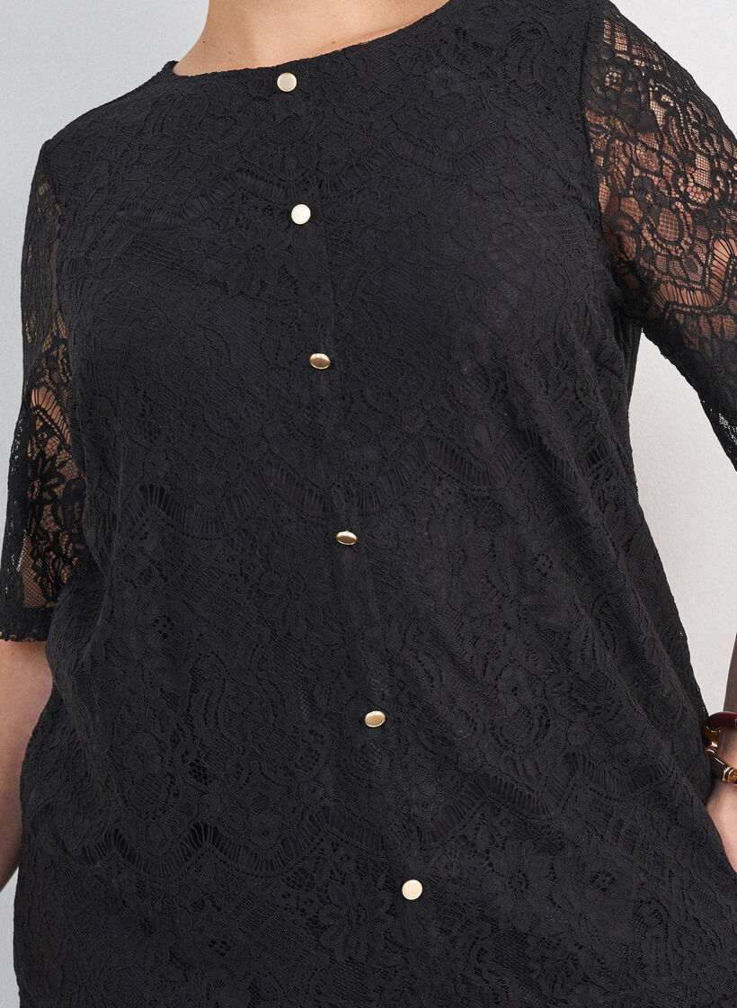 Bluse med blonder og dekorative knapper, Svart, Model image number 3