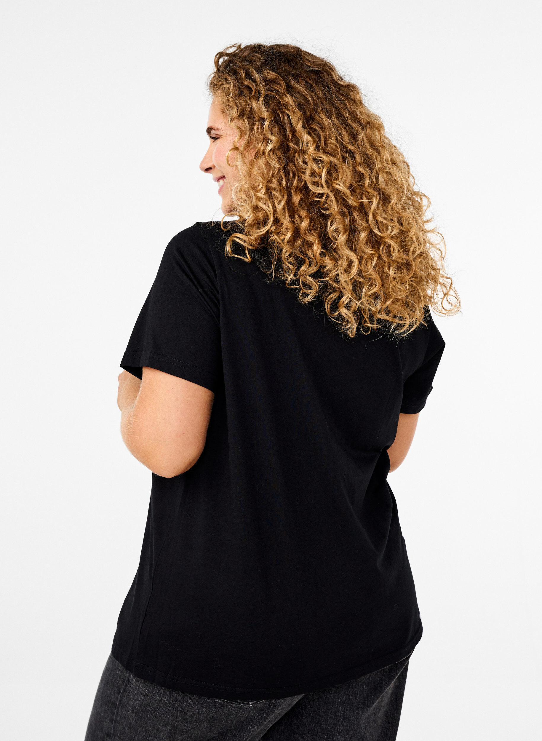 Zizzi T-skjorte i bomull med rhinestone-motiv, Black w. Dream, Model image number 1