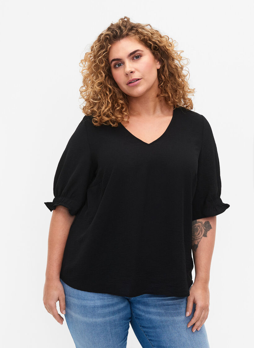 Bluse med V-hals , Black, Model image number 0