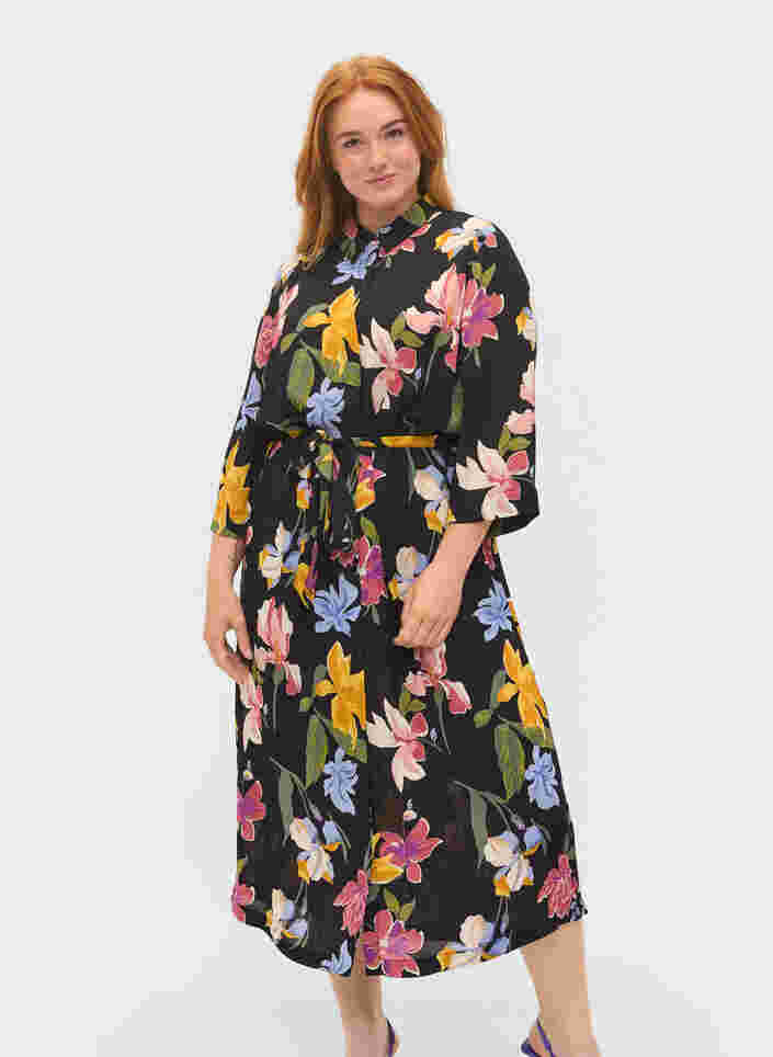 Mønstrete midikjole med 3/4-ermer, Big Flower AOP, Model