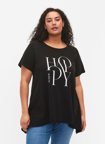 T-skjorte i bomull med tekst, Black HAPPY, Model image number 0